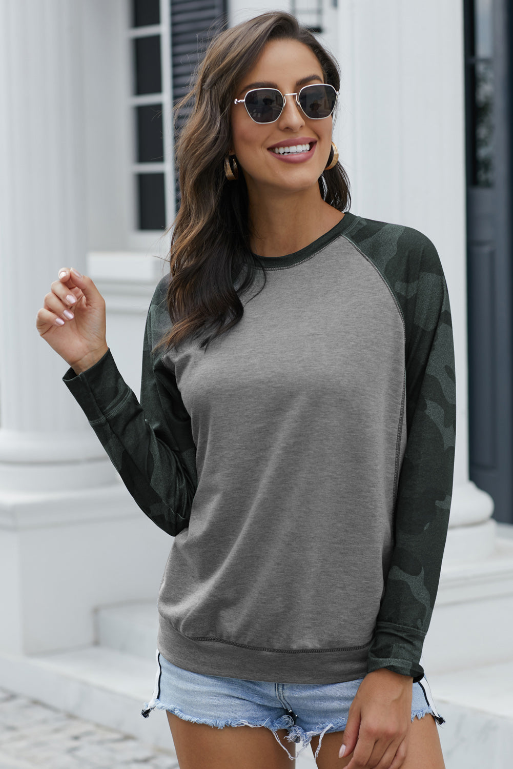Crewneck Camo Print Long Sleeve Sweatshirt - Cool