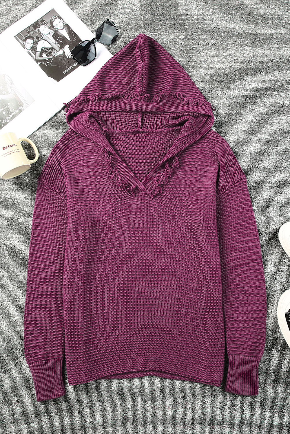 V Neck Ribbed Drop Shoulder Hooded Sweater - Cool