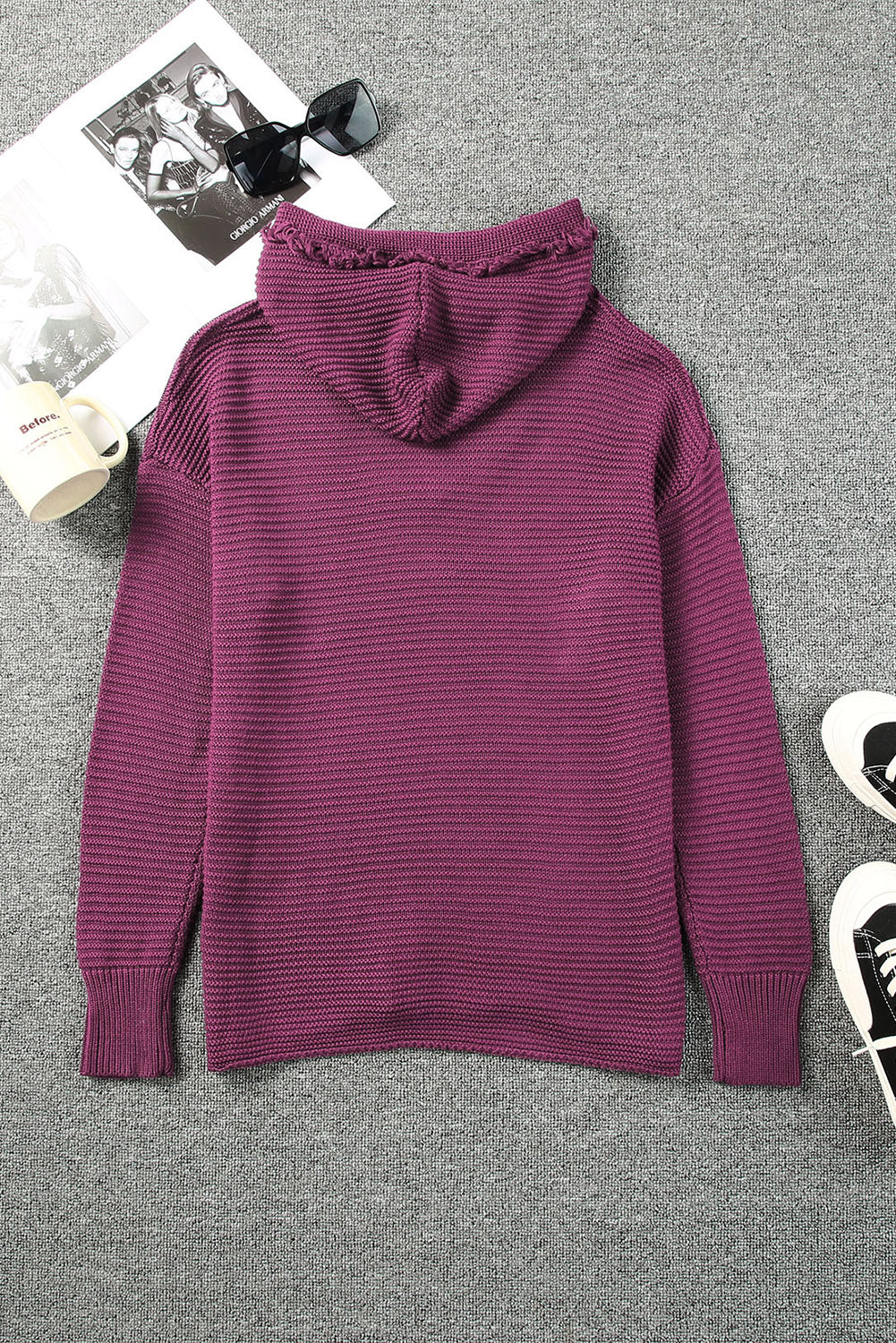 V Neck Ribbed Drop Shoulder Hooded Sweater - Cool