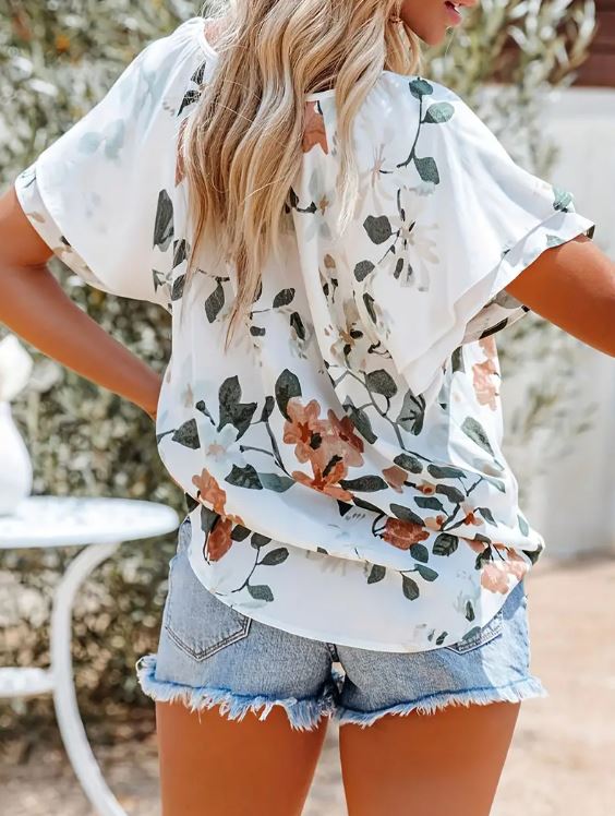 Floral Drawstring Blouse - Warm