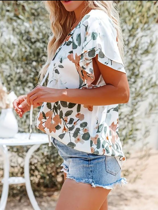 Floral Drawstring Blouse - Warm