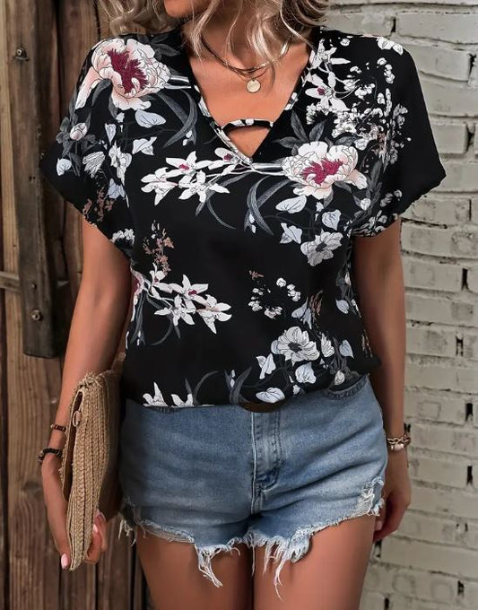 Floral V-Neck Blouse - Warm