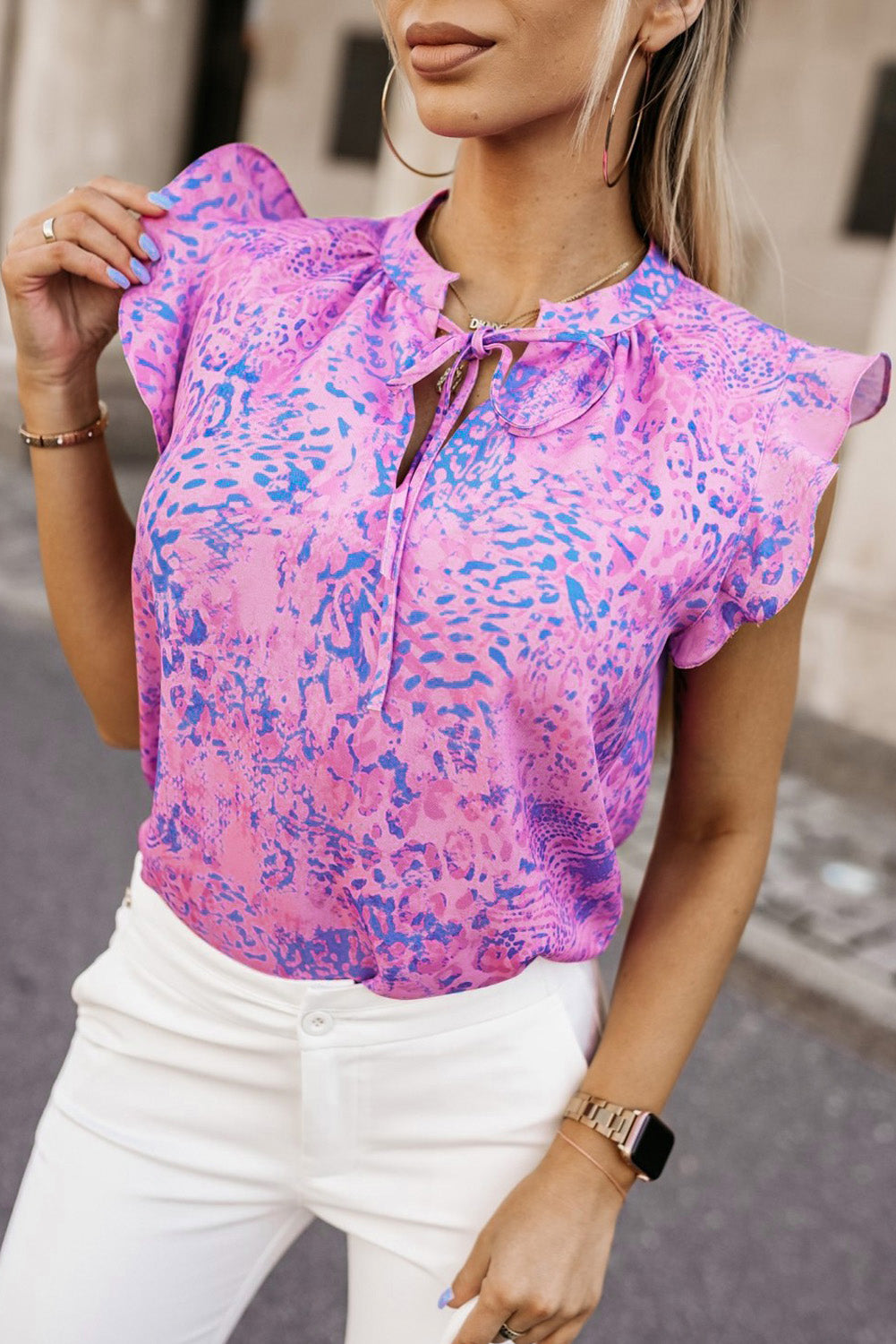 Lace up Ruffle Print Top - Warm