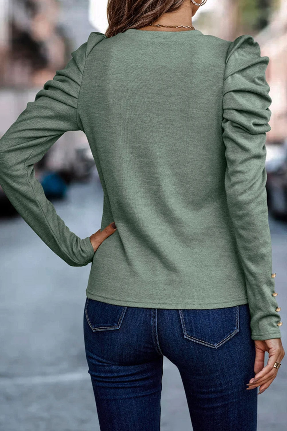 Green Buttoned Puff Long Sleeve Sheath Top - Cool