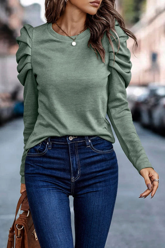 Green Buttoned Puff Long Sleeve Sheath Top - Cool