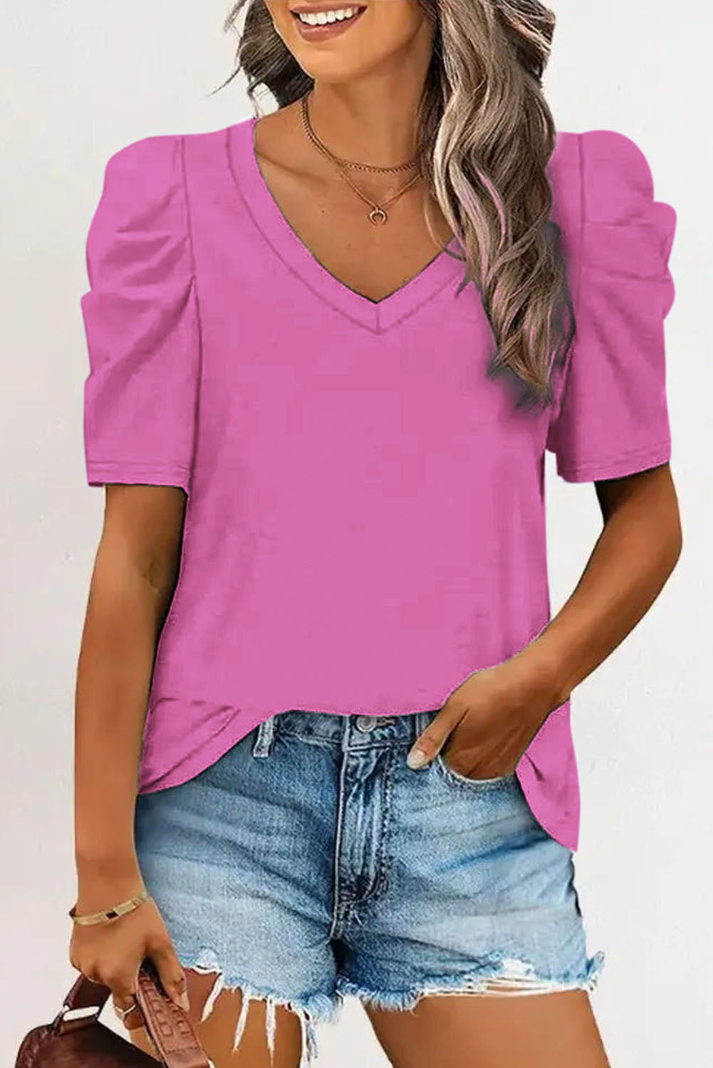 Puff Sleeve V-Neck T-Shirt - Warm