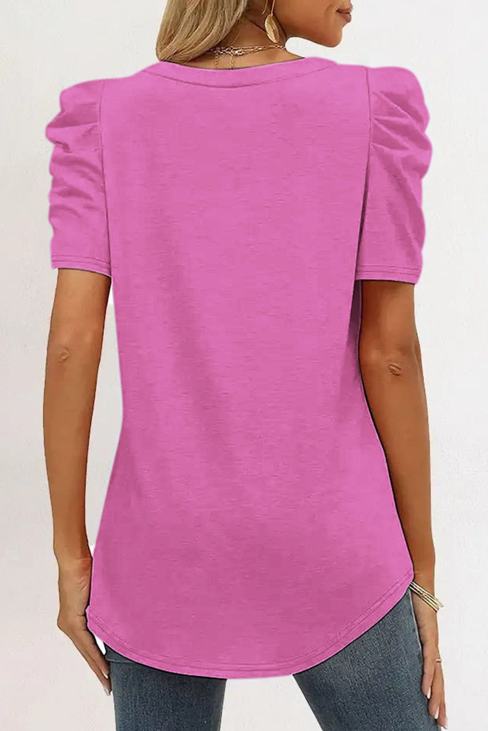 Puff Sleeve V-Neck T-Shirt - Warm