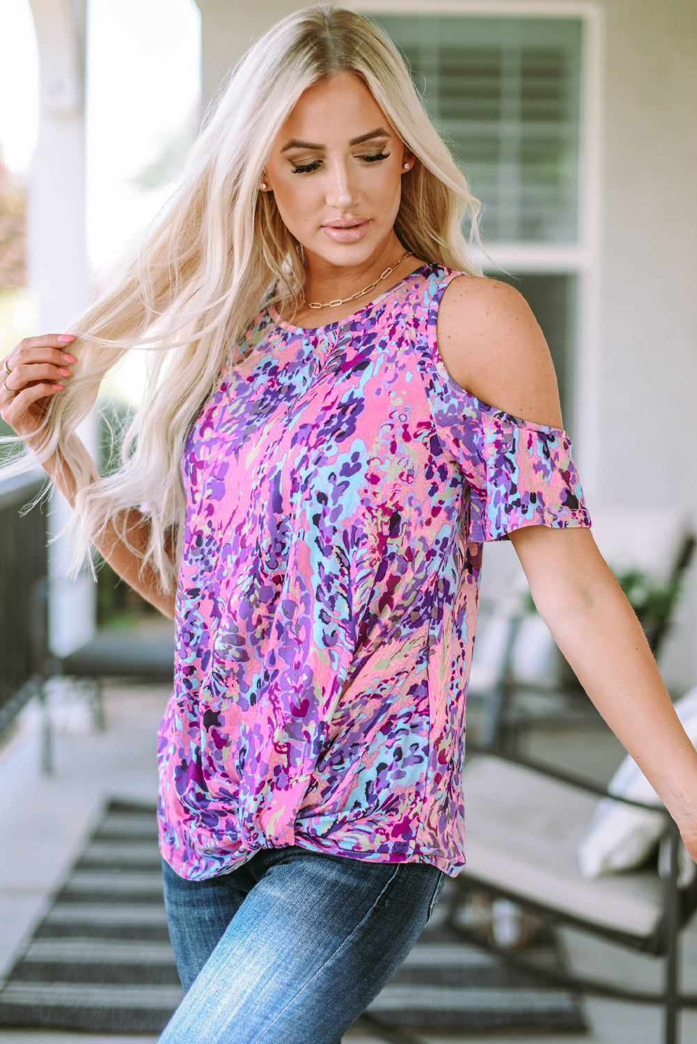 Multicolor Lavender Floral Print Cold Shoulder Top - Warm