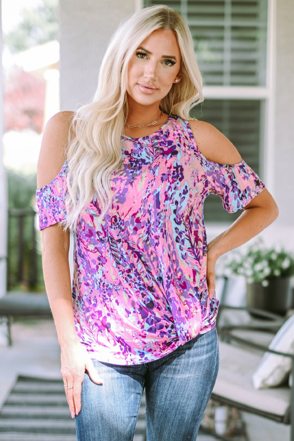 Multicolor Lavender Floral Print Cold Shoulder Top - Warm