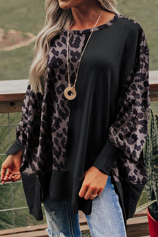 Leopard Patchwork Bishop Sleeve Slit Sweatshirt - Cool