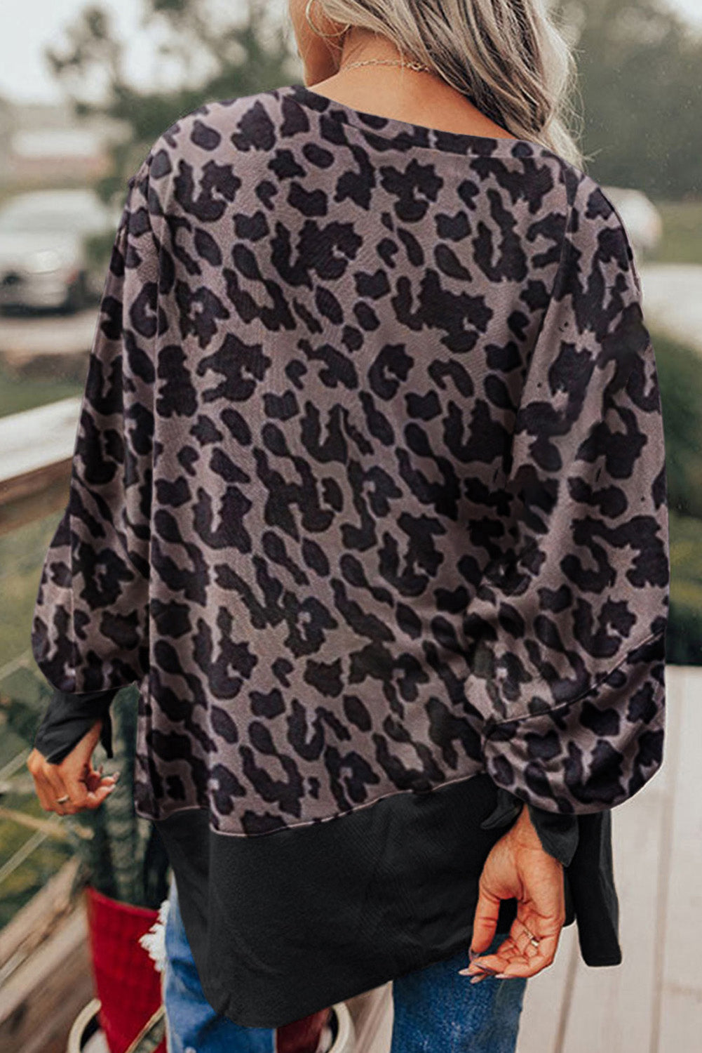 Leopard Patchwork Bishop Sleeve Slit Sweatshirt - Cool