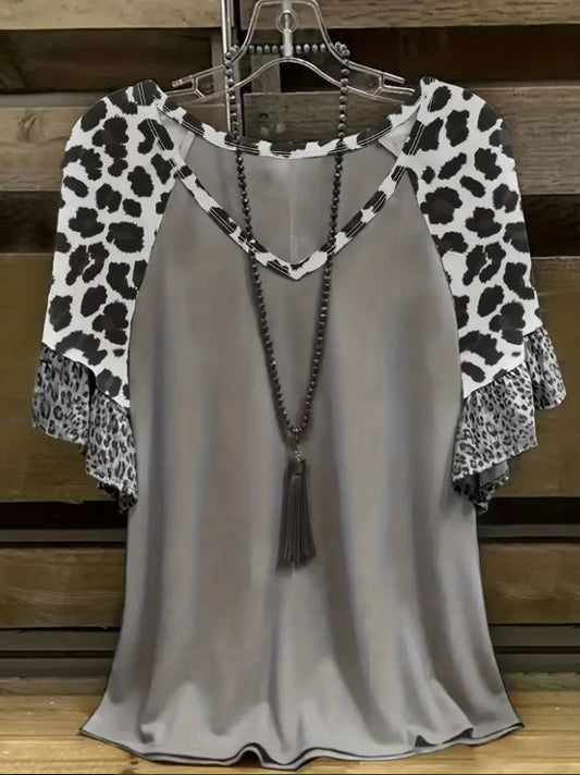 Leopard Print Colorblock V-Neck Top - Warm