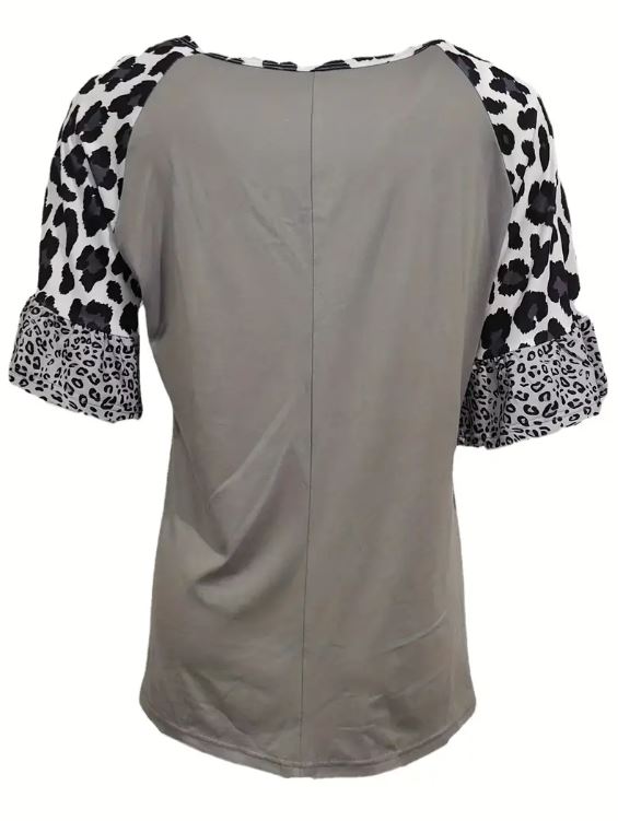 Leopard Print Colorblock V-Neck Top - Warm