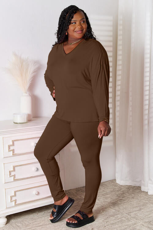 Basic Bae Full Size V-Neck Soft Rayon Long Sleeve Top and Pants Lounge Set - Cool