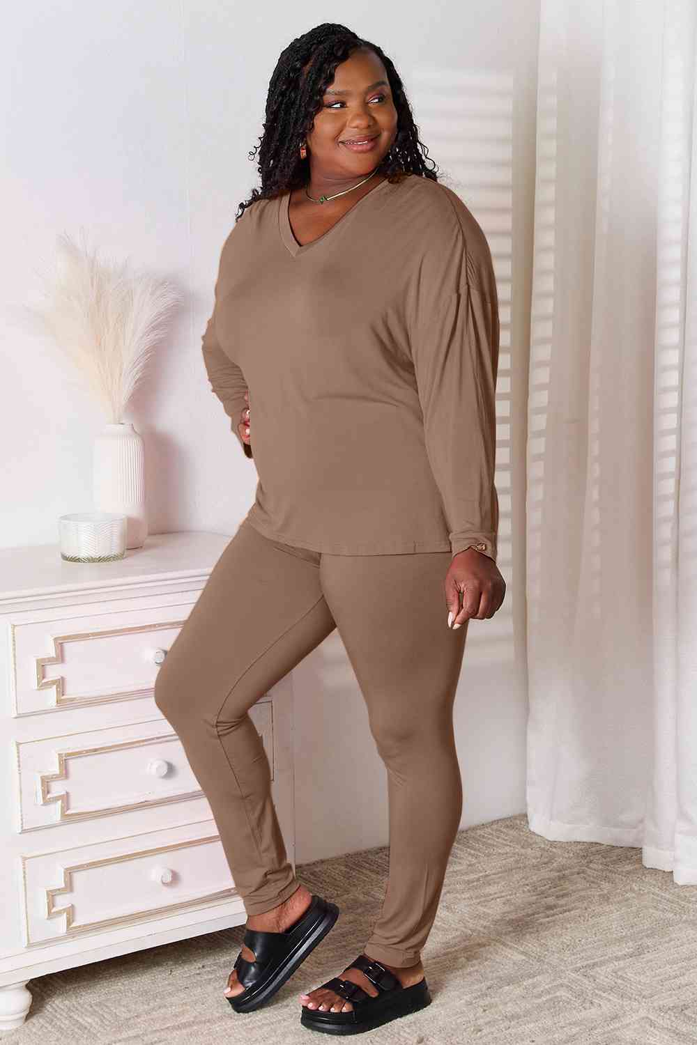 Basic Bae Full Size V-Neck Soft Rayon Long Sleeve Top and Pants Lounge Set - Cool