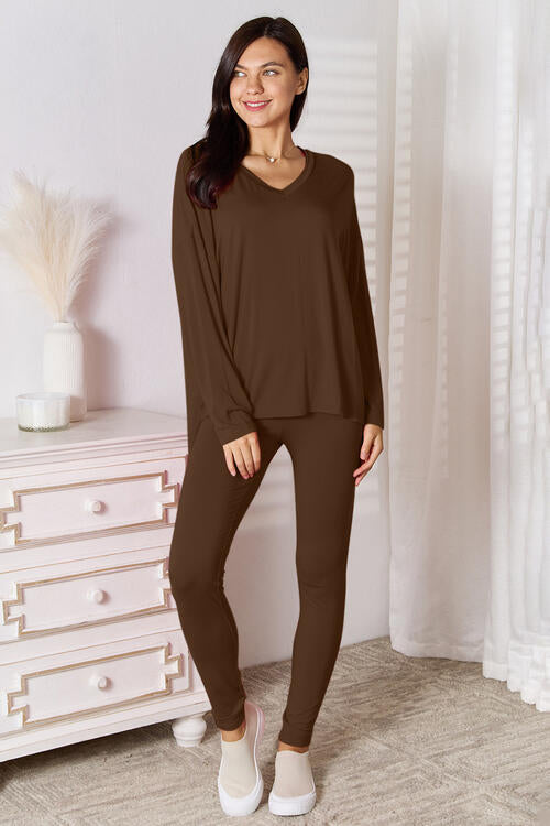 Basic Bae Full Size V-Neck Soft Rayon Long Sleeve Top and Pants Lounge Set - Cool