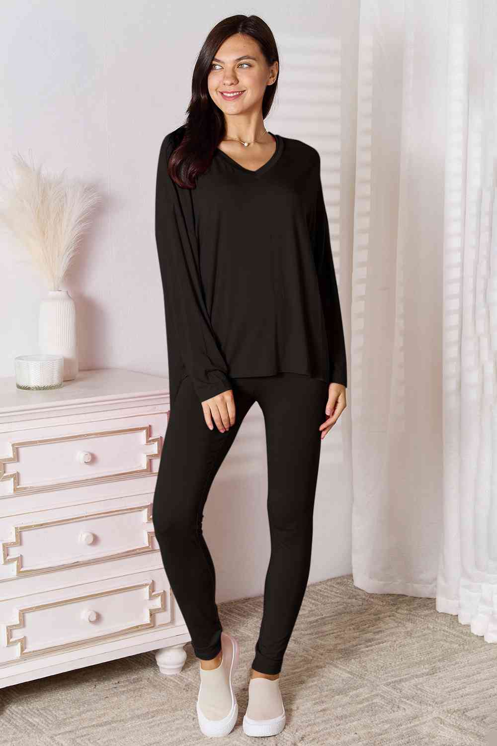 Basic Bae Full Size V-Neck Soft Rayon Long Sleeve Top and Pants Lounge Set - Cool