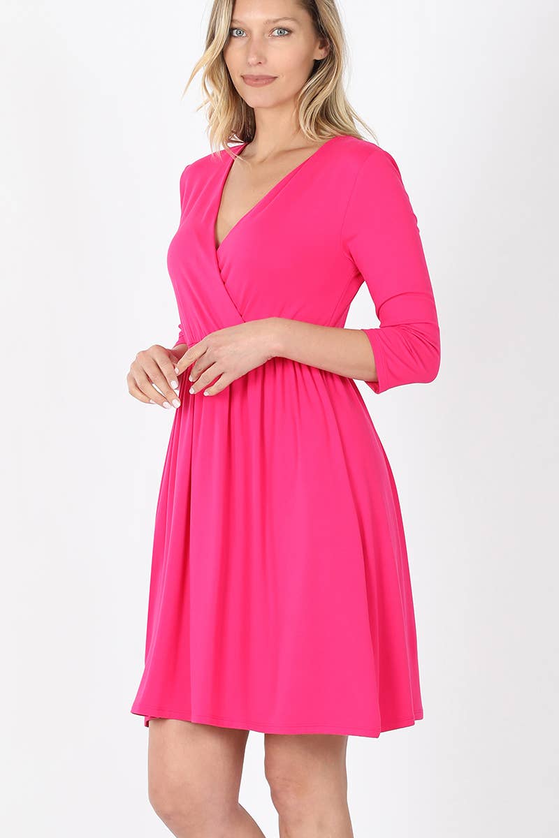 HOTPINK 3/4 SLEEVE Empire Surplice Shirred TWO-POCKET TUNIC DRESS - Warm