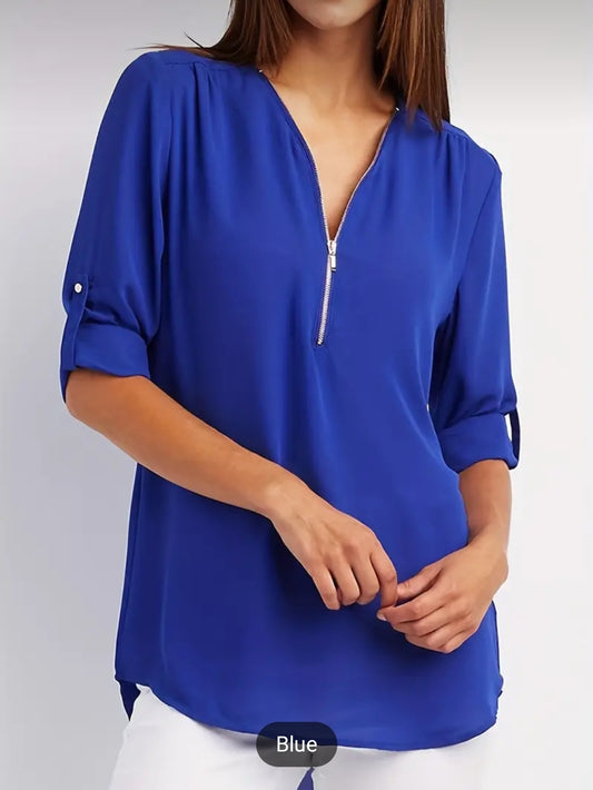 Zipper V Neck Blouse - Warm