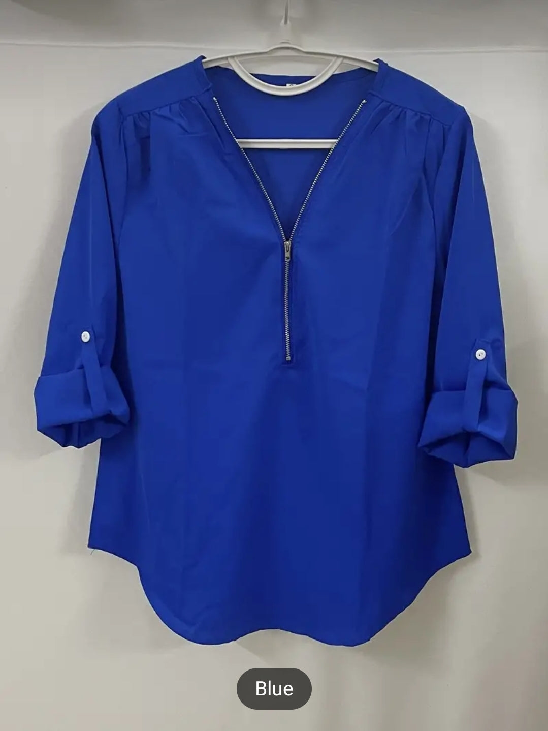 Zipper V Neck Blouse - Warm