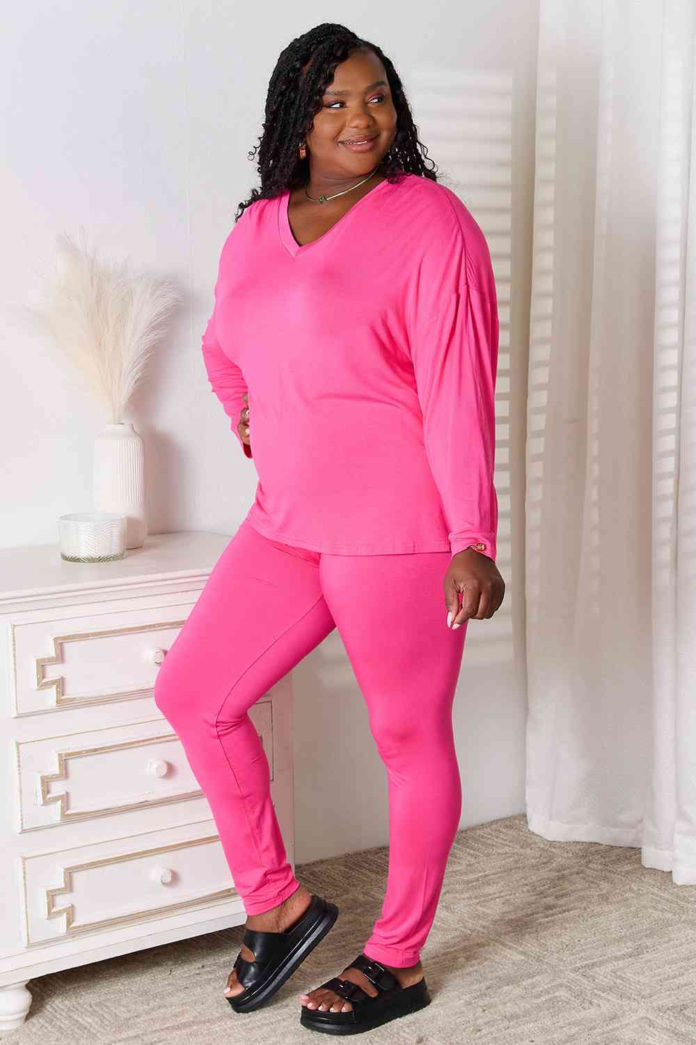 Basic Bae Full Size V-Neck Soft Rayon Long Sleeve Top and Pants Lounge Set - Cool