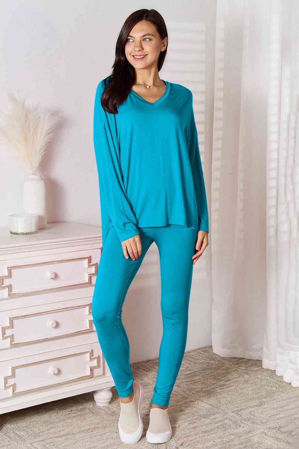 Basic Bae Full Size V-Neck Soft Rayon Long Sleeve Top and Pants Lounge Set - Cool